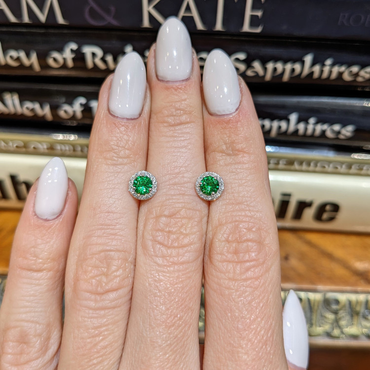 0.60 Ct.Tw. Tsavorite Garnet Natural Diamond Halo Earrings, 18K White Gold