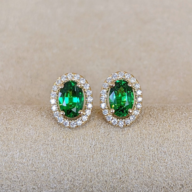 1.10 Ct.Tw. Tsavorite Garnet Natural Diamond Halo Earrings, 14K Yellow Gold
