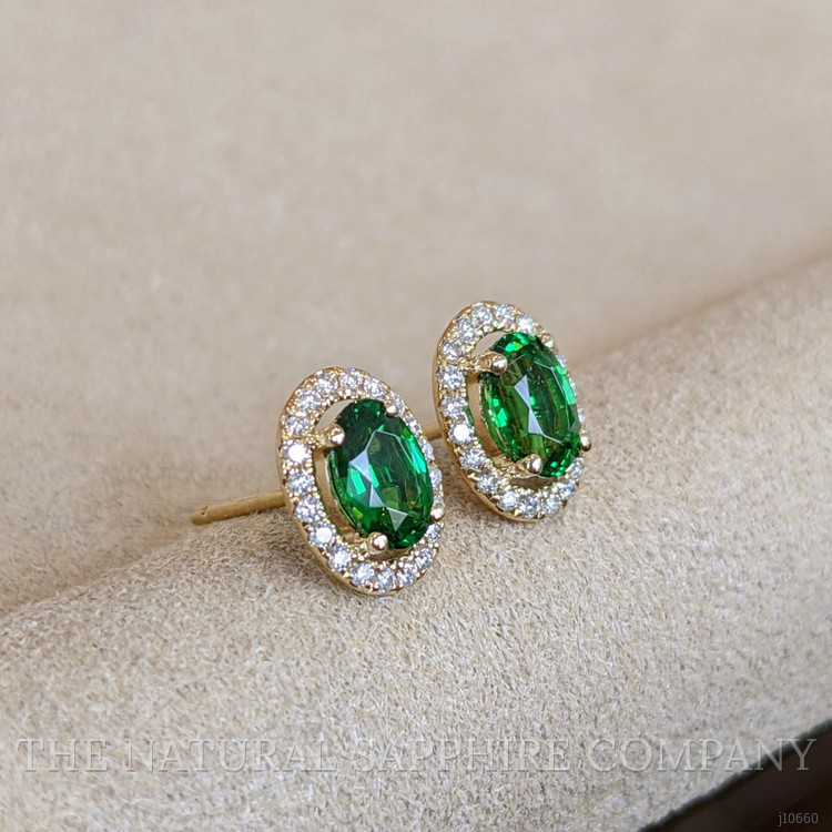 1.10 Ct.Tw. Tsavorite Garnet Natural Diamond Halo Earrings, 14K Yellow Gold
