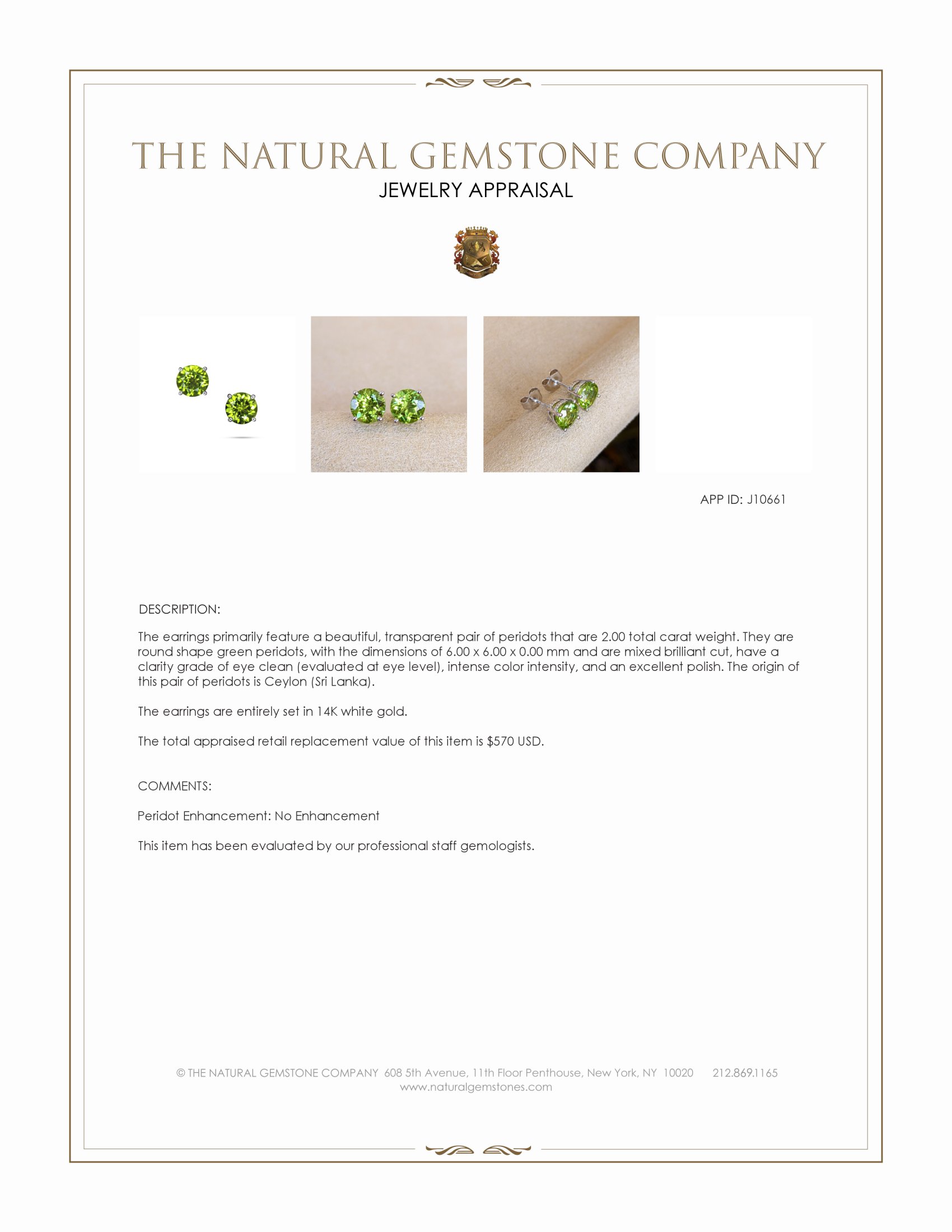 2.00 Ct.Tw. Green Peridot Studs Earrings, 14K White Gold