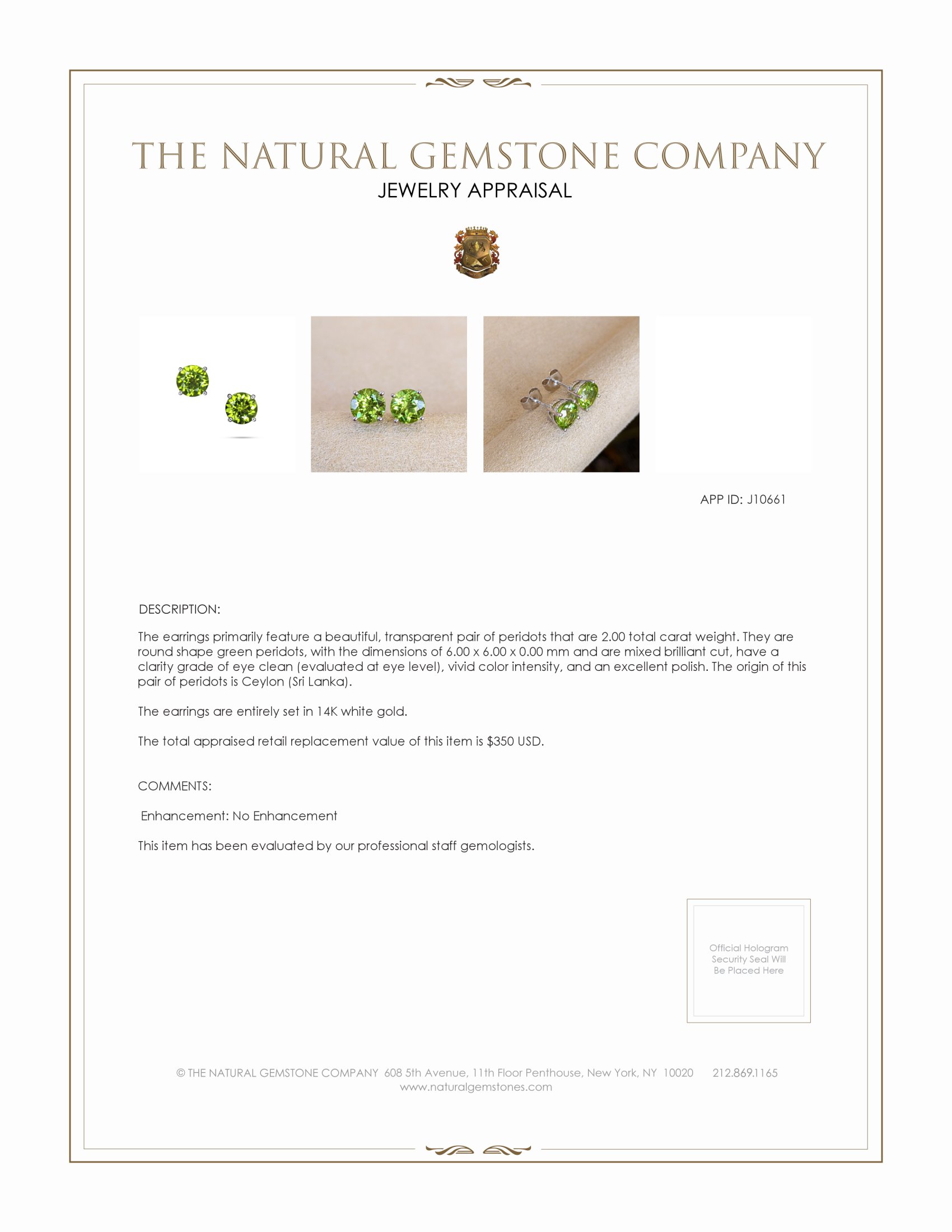 2.00 Ct.Tw. Green Peridot Studs Earrings, 14K White Gold