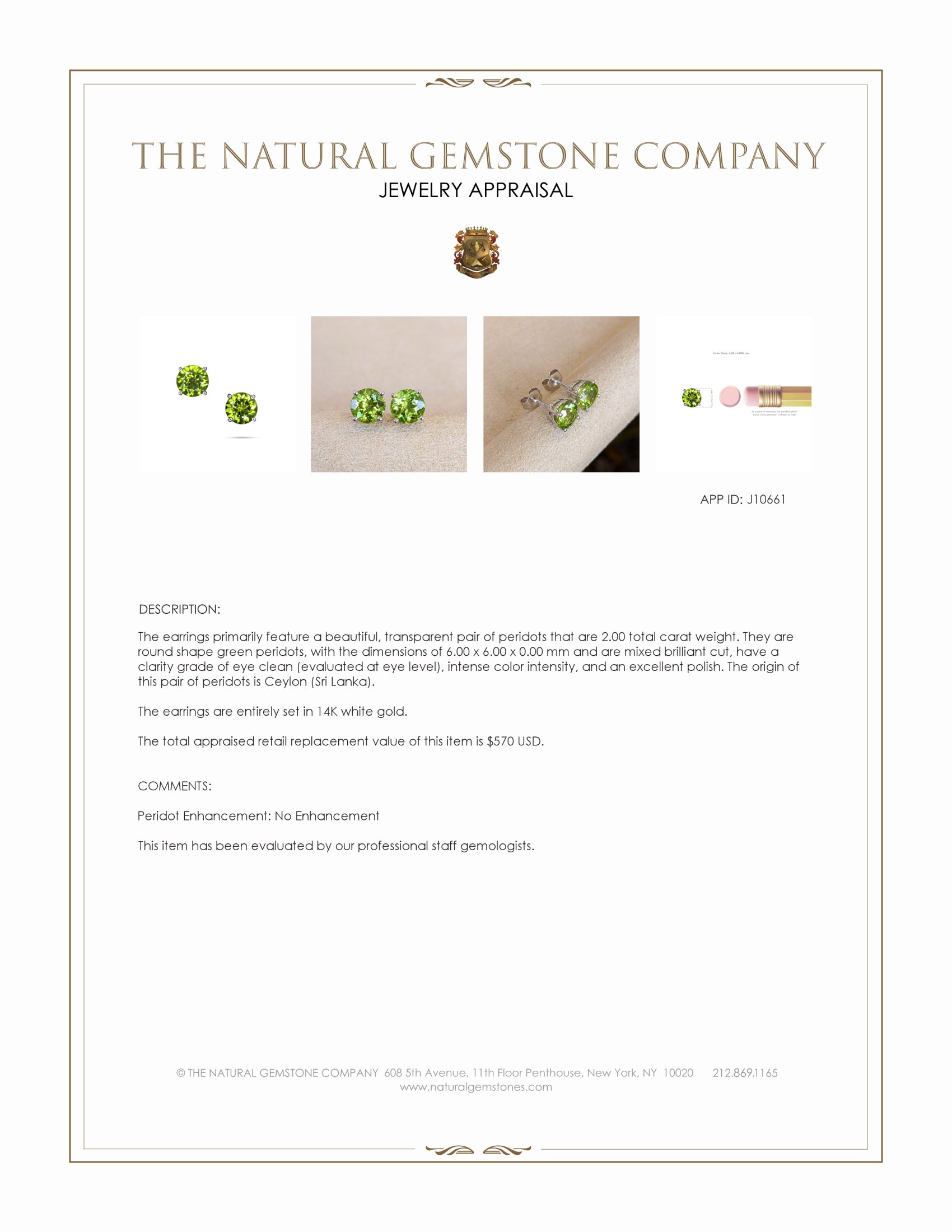 2.00 Ct.Tw. Green Peridot Studs Earrings, 14K White Gold