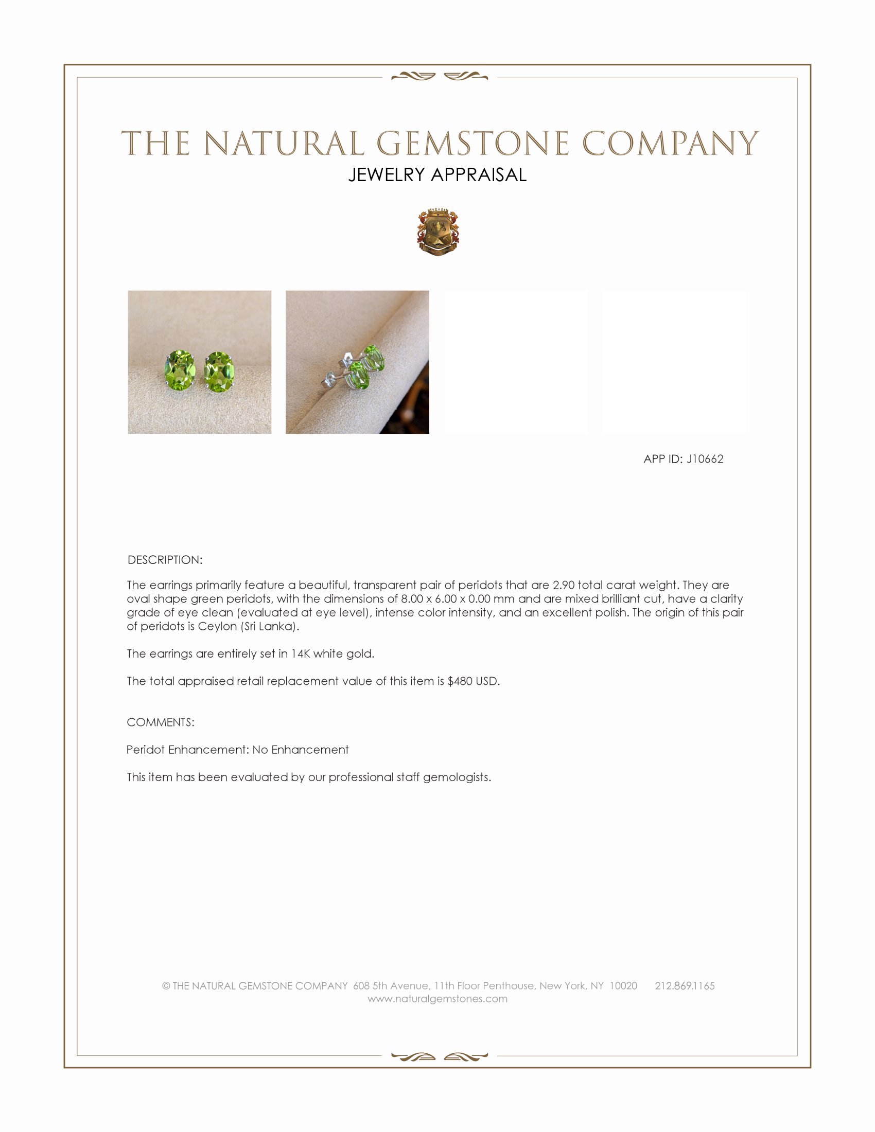 2.90 Ct.Tw. Green Peridot Studs Earrings, 14K White Gold