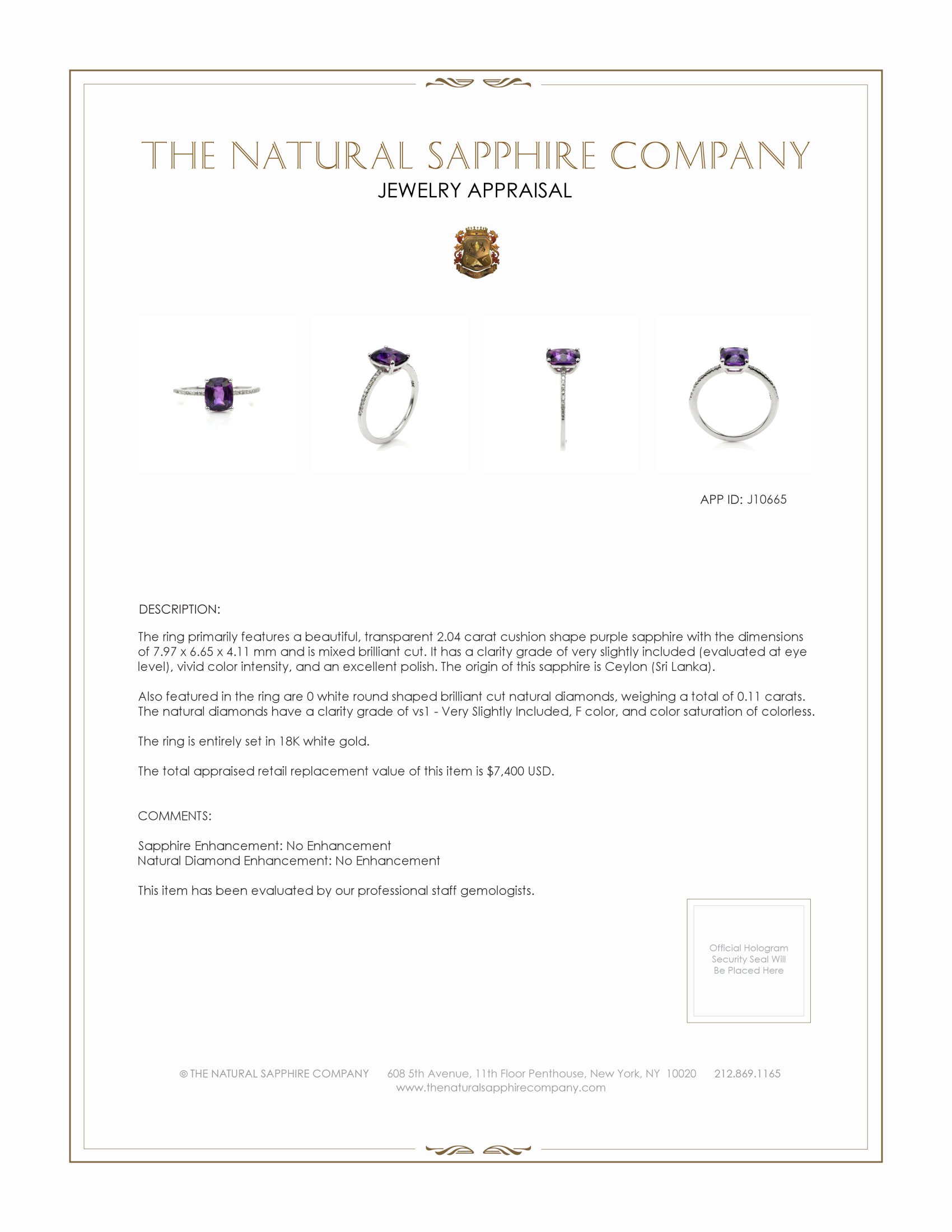 2.04 Ct. Purple Sapphire and Natural Diamond Pave Ring, 18K White Gold