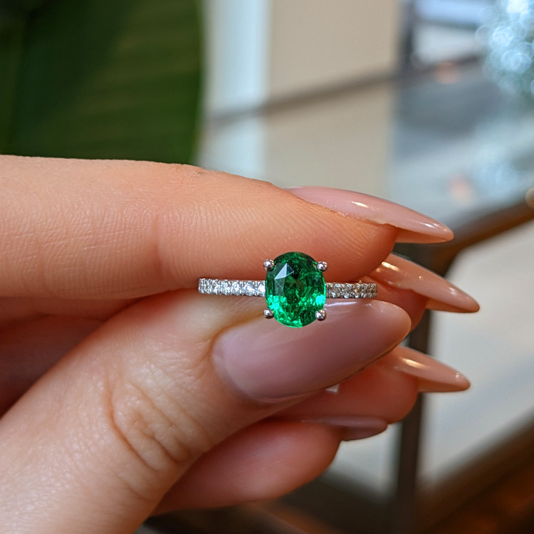 1.45 Ct. Green Tsavorite Garnet Pave Ring, 18K White Gold