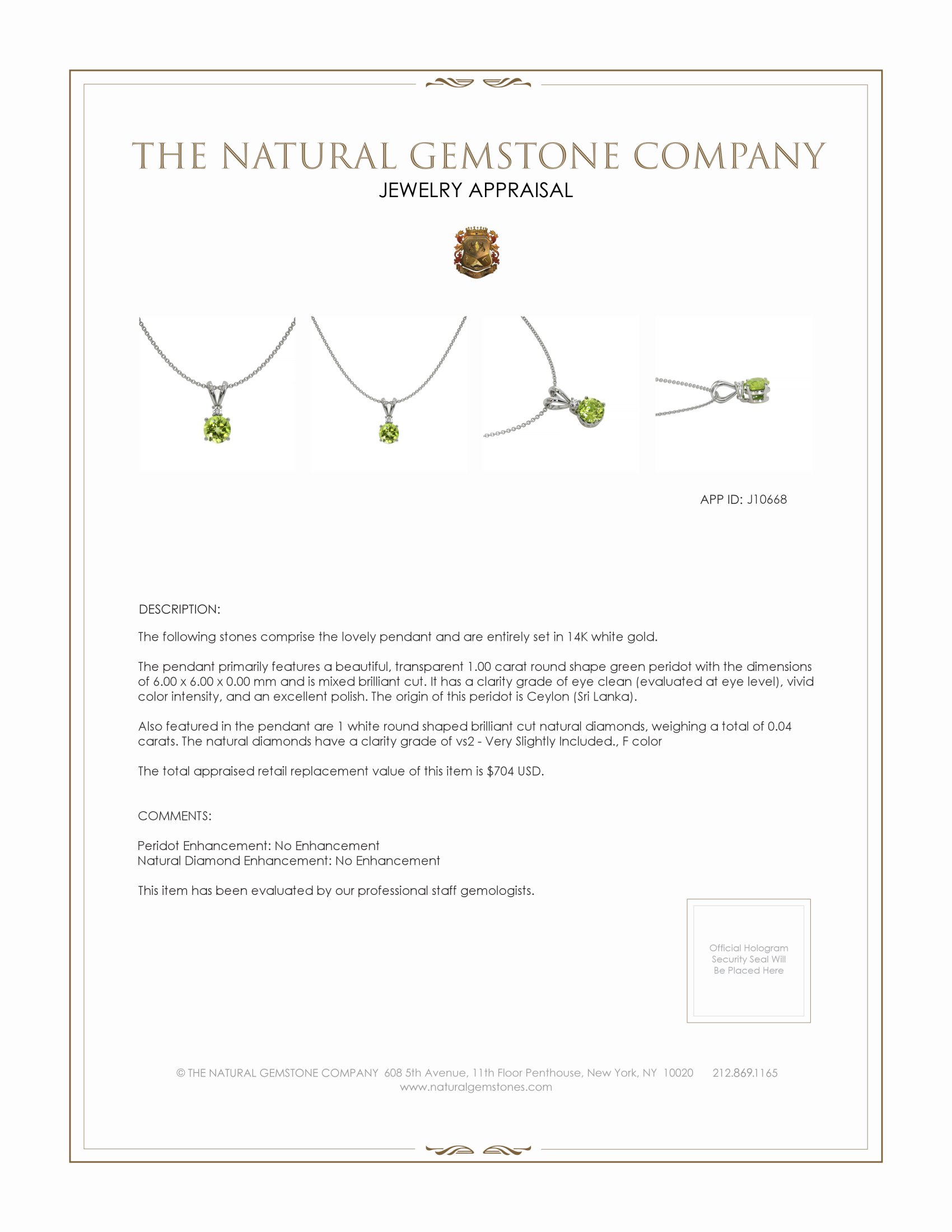 1.00 Ct. Peridot Natural Diamond Accent Stones Pendant, 14K White Gold