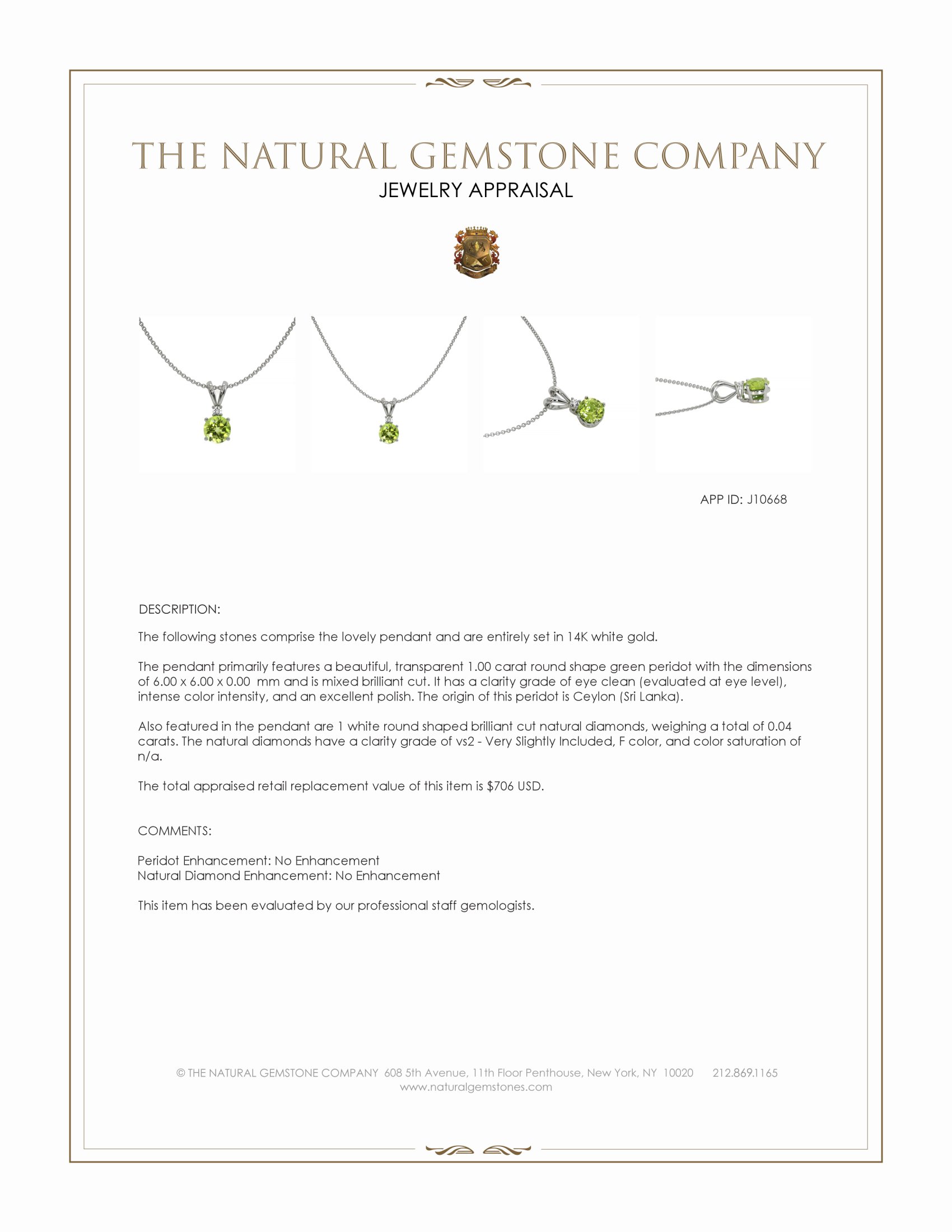 1.00 Ct. Green Peridot and Natural Diamond Accent Stones Pendant, 14K White Gold