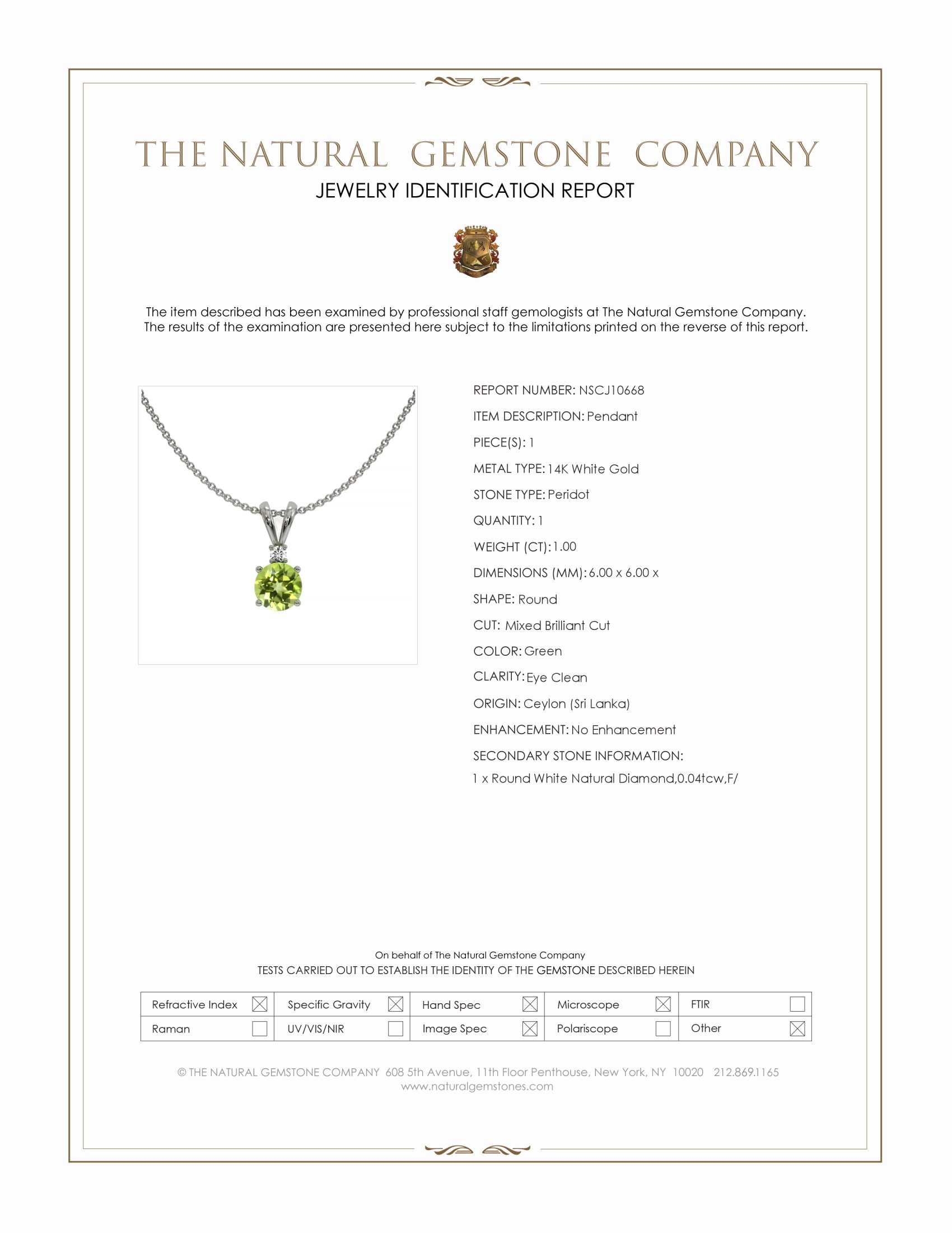 1.00 Ct. Green Peridot and Natural Diamond Accent Stones Pendant, 14K White Gold
