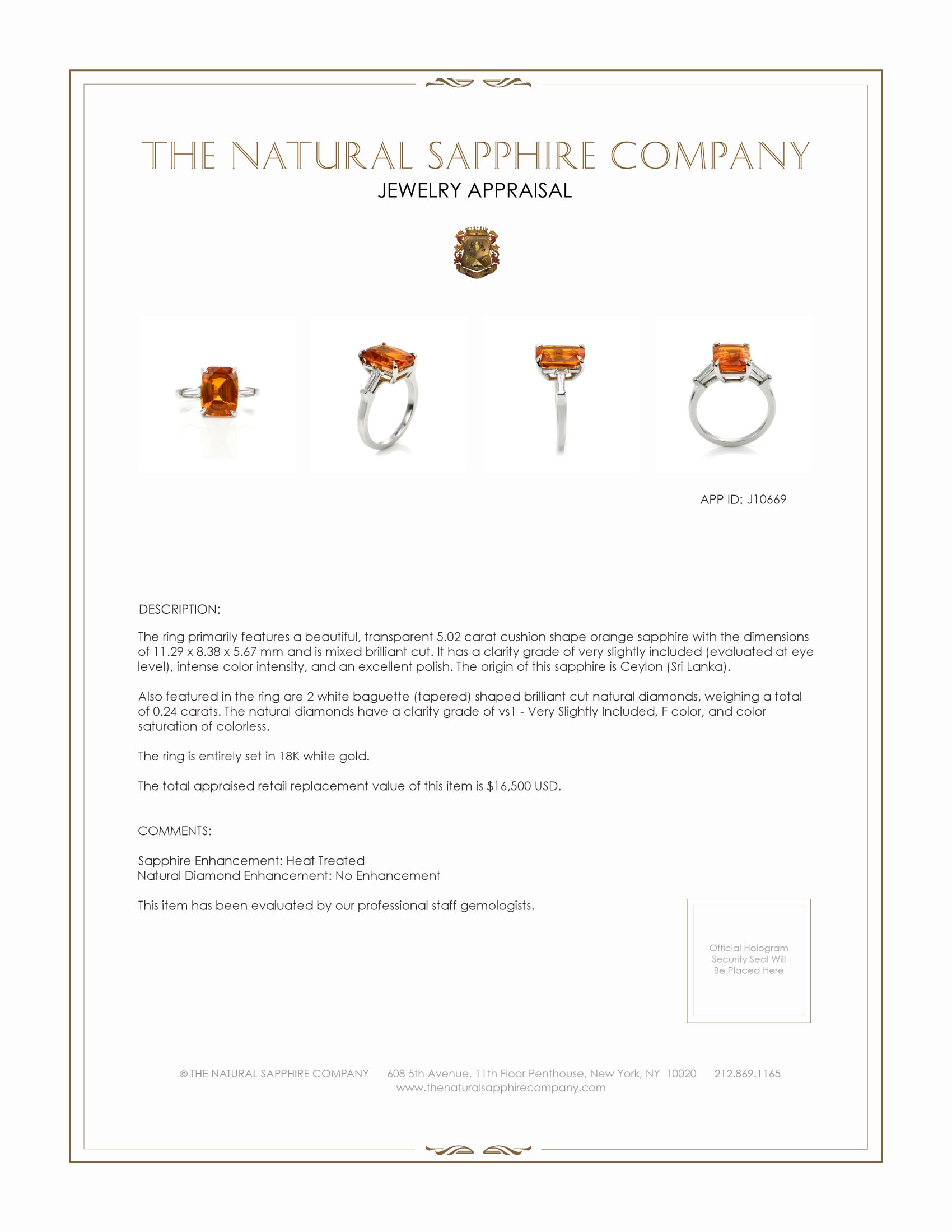 5.02 Ct. Orange Sapphire and Natural Diamond Three Stone Ring, 18K White Gold