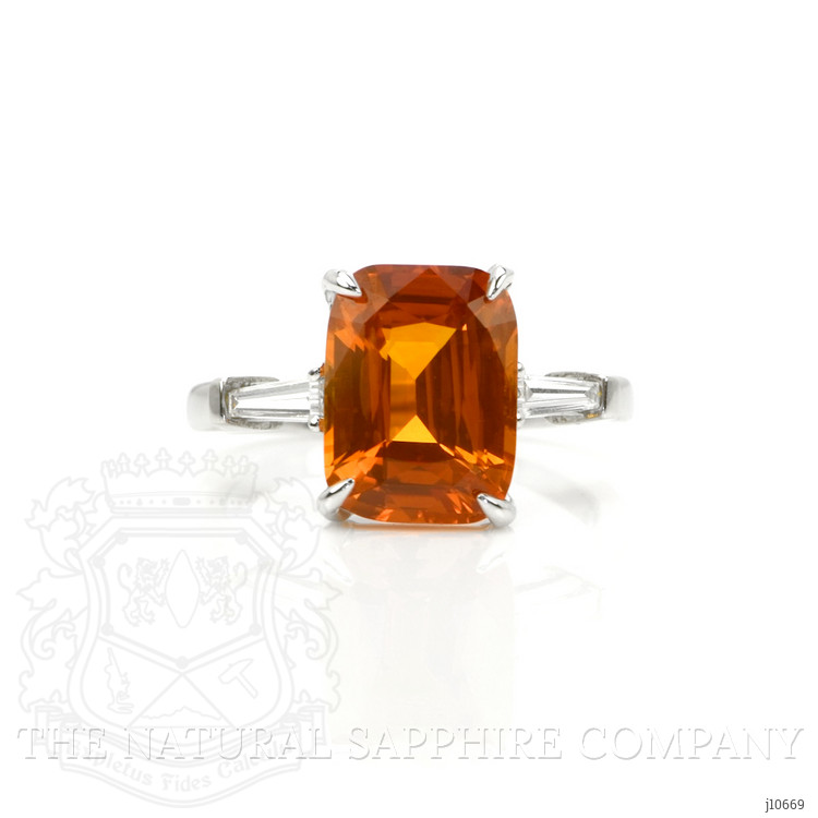 5.02 Ct. Orange Sapphire and Natural Diamond Three Stone Ring, 18K White Gold