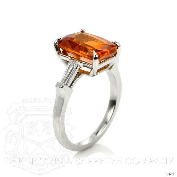 5.02 Ct. Orange Sapphire and Natural Diamond Three Stone Ring, 18K White Gold