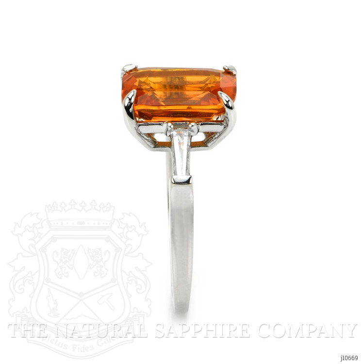 5.02 Ct. Orange Sapphire and Natural Diamond Three Stone Ring, 18K White Gold