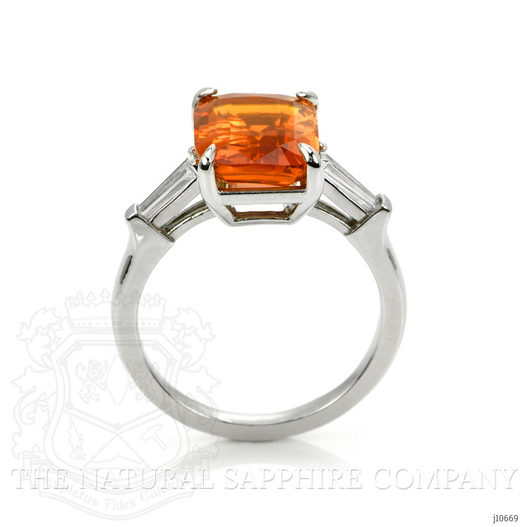 5.02 Ct. Orange Sapphire and Natural Diamond Three Stone Ring, 18K White Gold