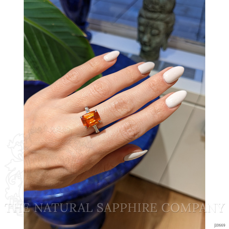 5.02 Ct. Orange Sapphire and Natural Diamond Three Stone Ring, 18K White Gold