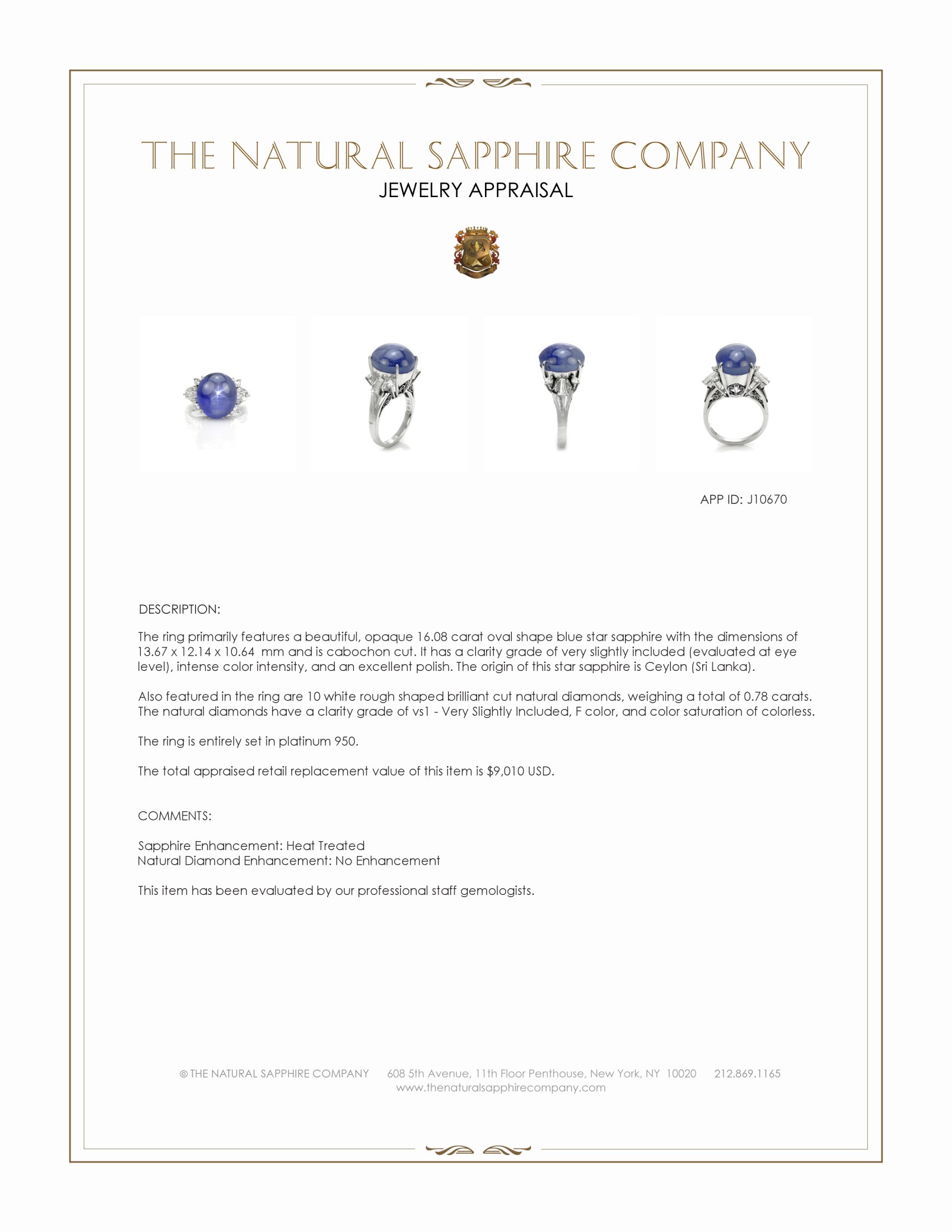 16.08 Ct. Blue Sapphire and Natural Diamond Antique Style Ring, Platinum 950