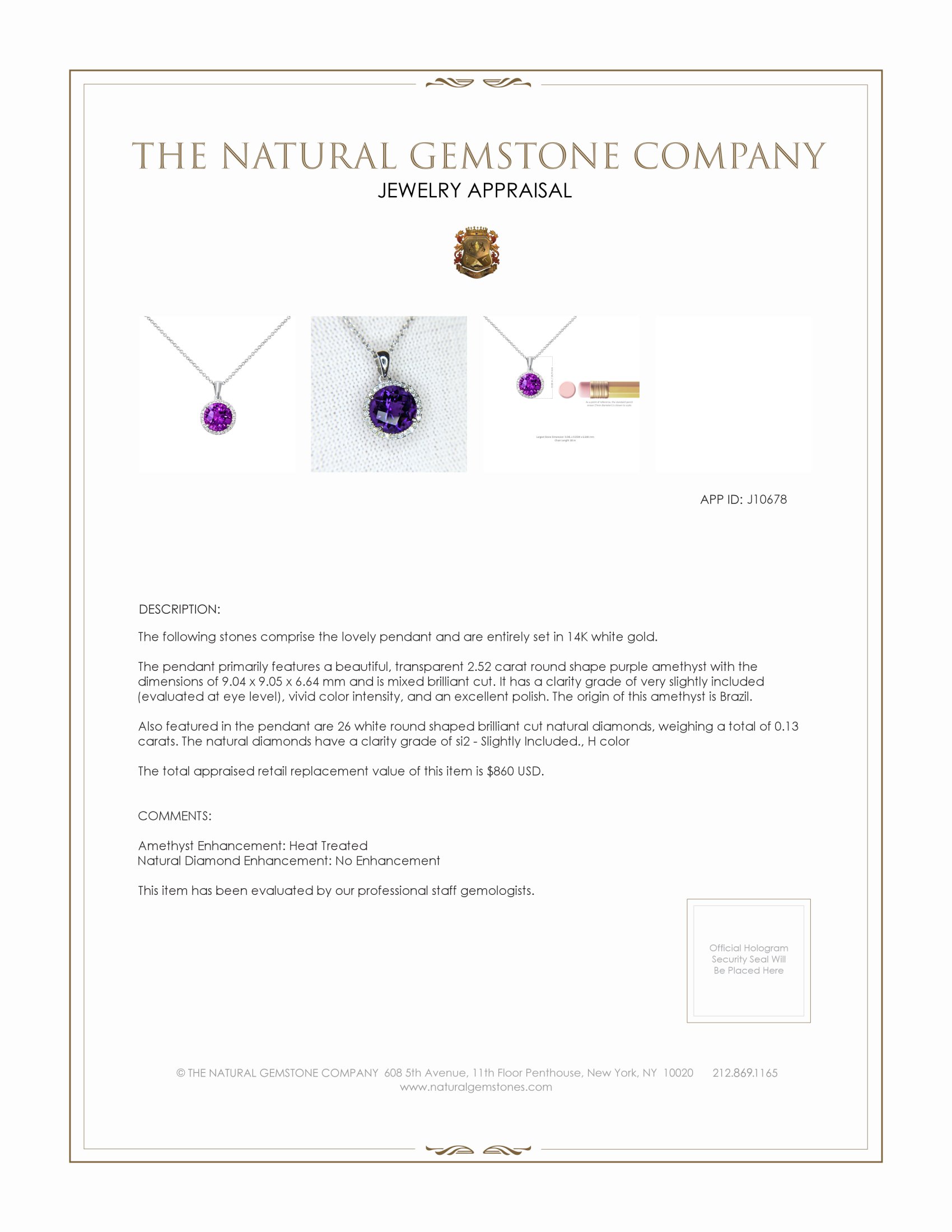 2.52 Ct. Amethyst Natural Diamond Halo Pendant, 14K White Gold