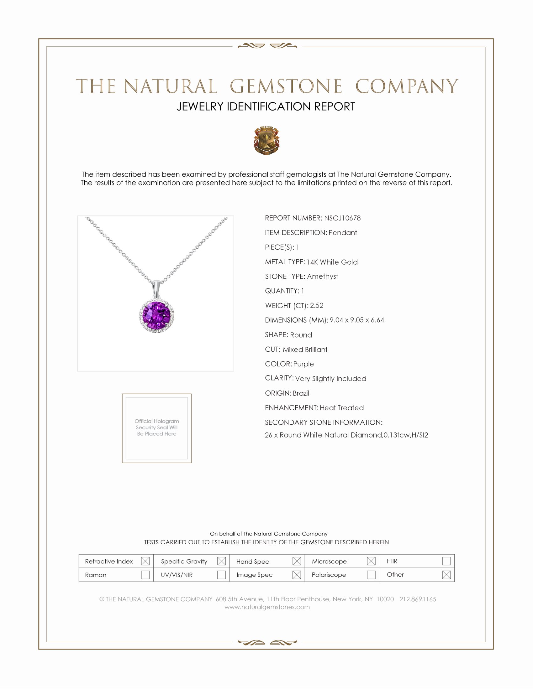 2.52 Ct. Amethyst Natural Diamond Halo Pendant, 14K White Gold