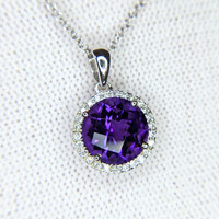 2.52 Ct. Amethyst Natural Diamond Halo Pendant, 14K White Gold Image