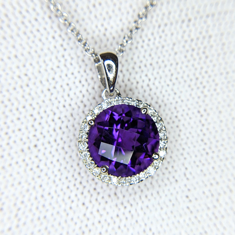 2.52 Ct. Amethyst Natural Diamond Halo Pendant, 14K White Gold