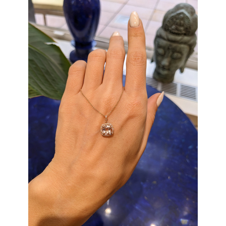 1.15 Ct. Morganite Natural Diamond Halo Pendant, 14K Rose Gold