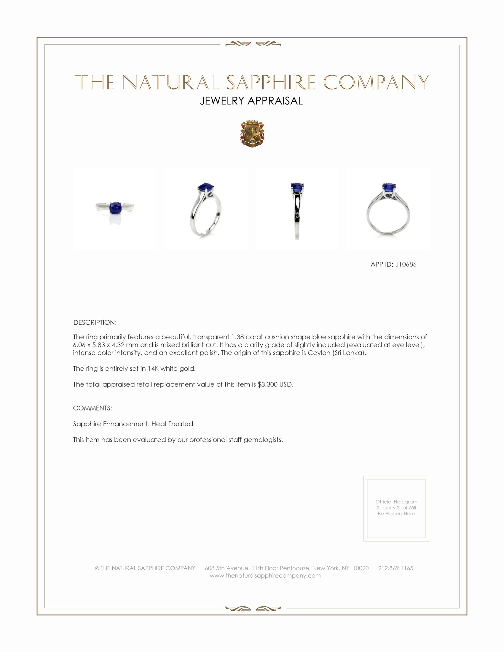 1.38 Ct. Blue Sapphire Solitaire Ring, 14K White Gold