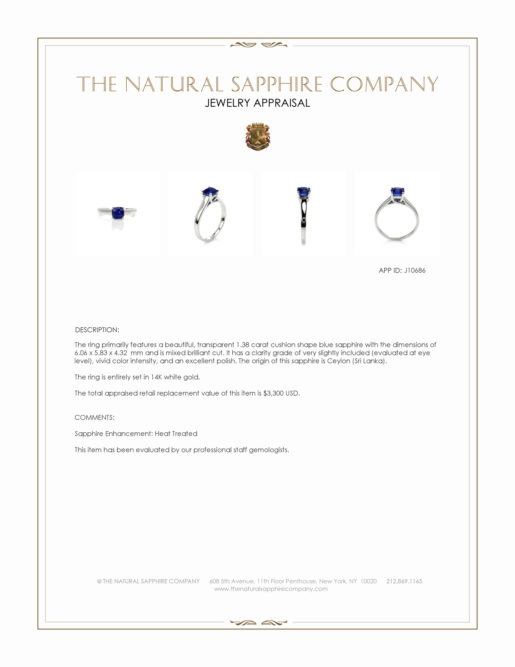1.38 Ct. Blue Sapphire Solitaire Ring, 14K White Gold