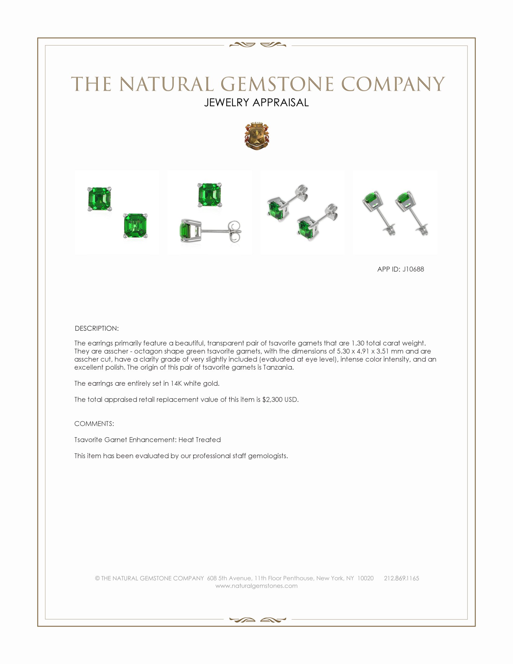 1.30 Ct.Tw. Tsavorite Garnet Studs Earrings, 14K White Gold