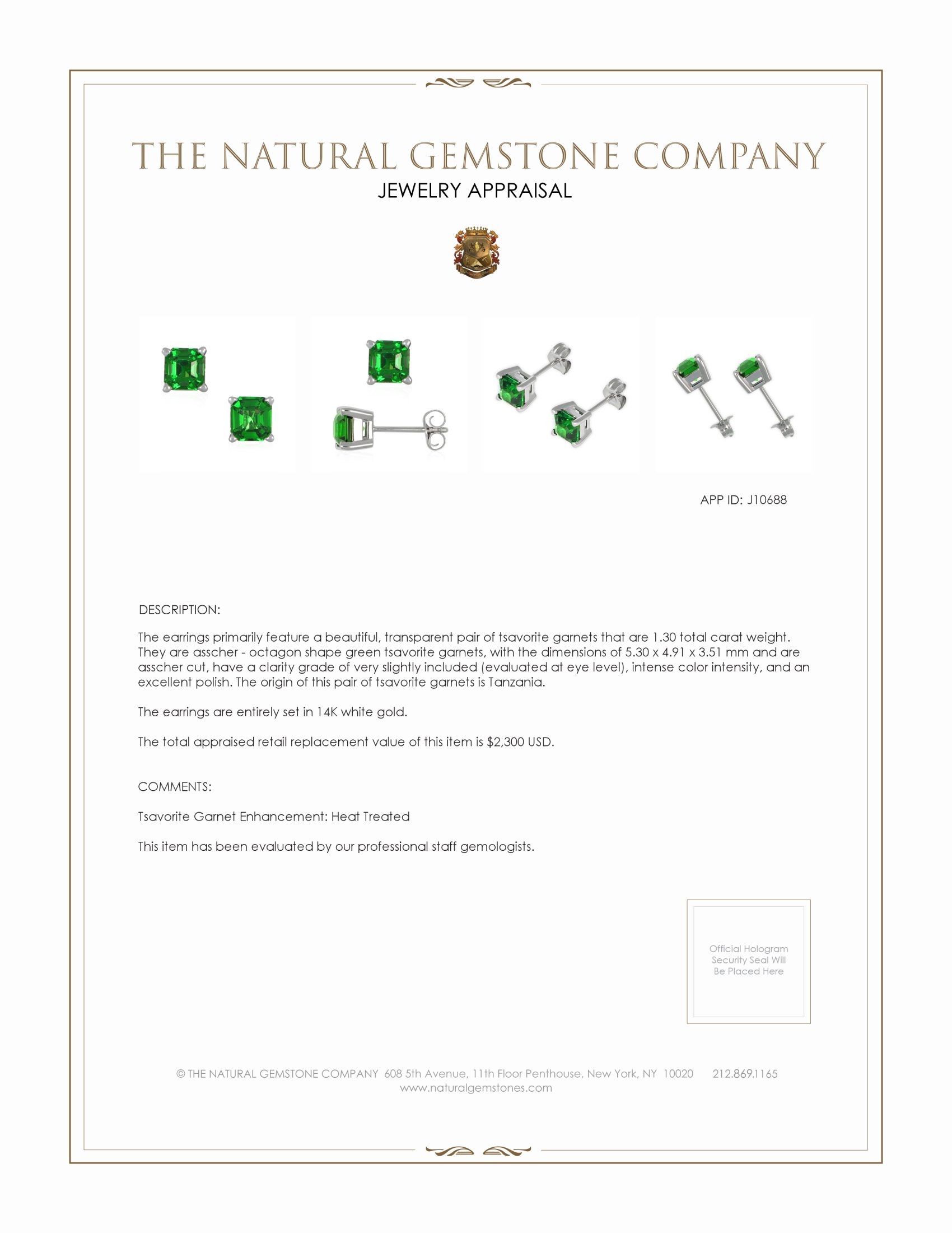1.30 Ct.Tw. Tsavorite Garnet Studs Earrings, 14K White Gold