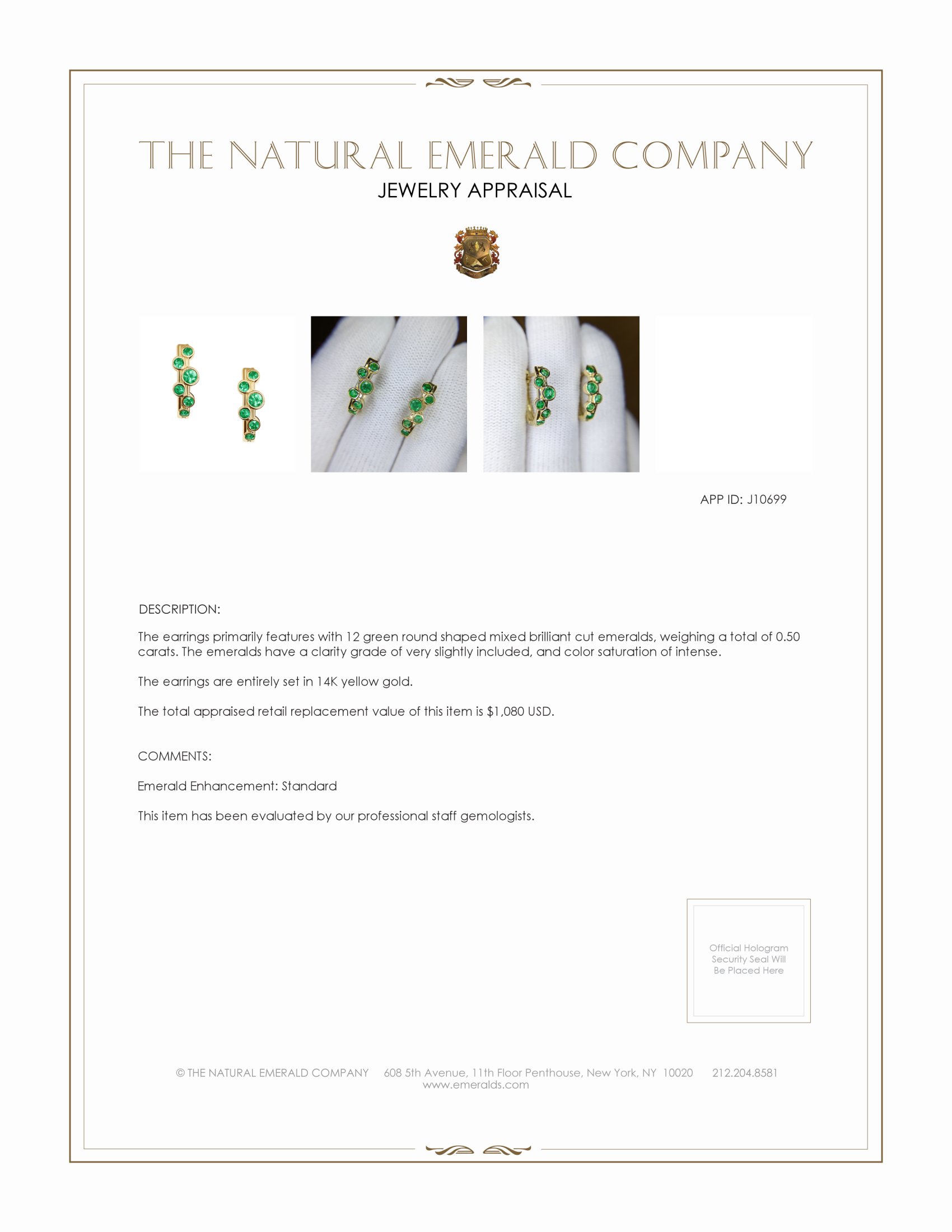 0.50 Ct.Tw. Emerald Hoops Earrings, 14K Yellow Gold