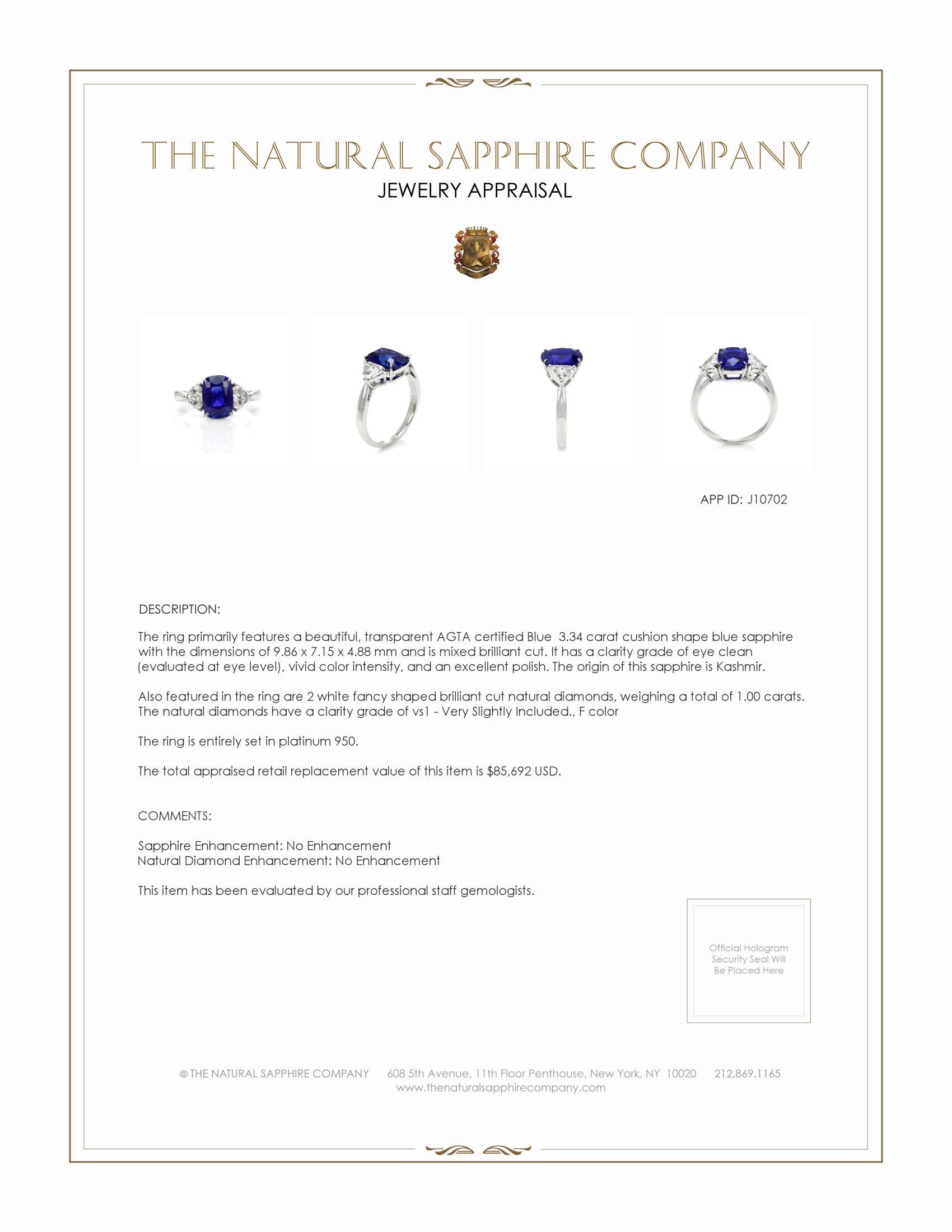 3.34 Ct. Blue Sapphire and Natural Diamond Three Stone Ring, Platinum 950