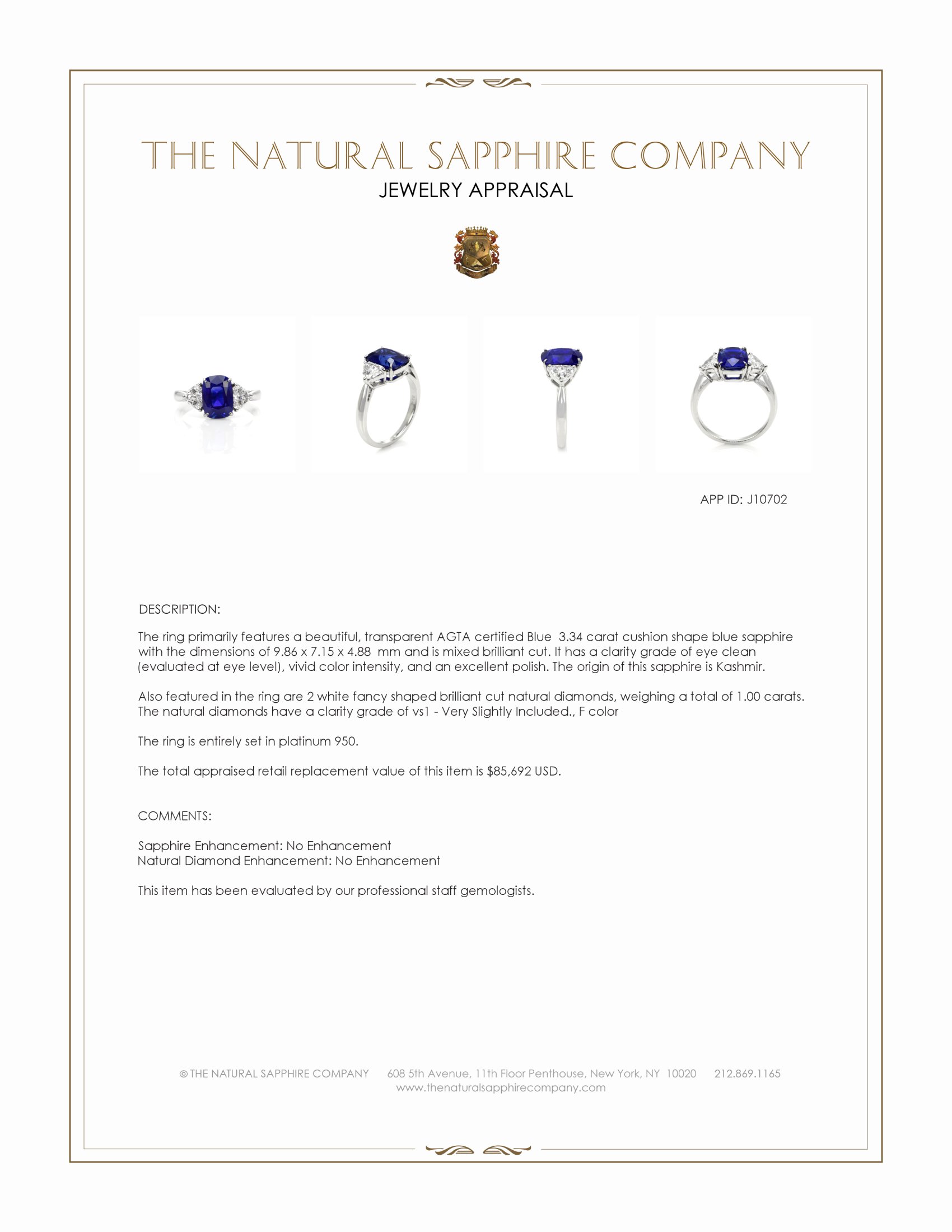 3.34 Ct. Blue Sapphire and Natural Diamond Three Stone Ring, Platinum 950