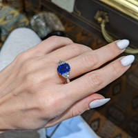 3.34 Ct. Blue Sapphire and Natural Diamond Three Stone Ring, Platinum 950 Life Style