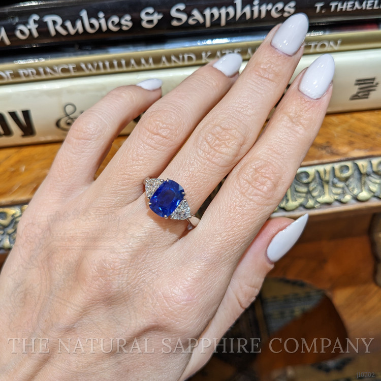 3.34 Ct. Blue Sapphire and Natural Diamond Three Stone Ring, Platinum 950