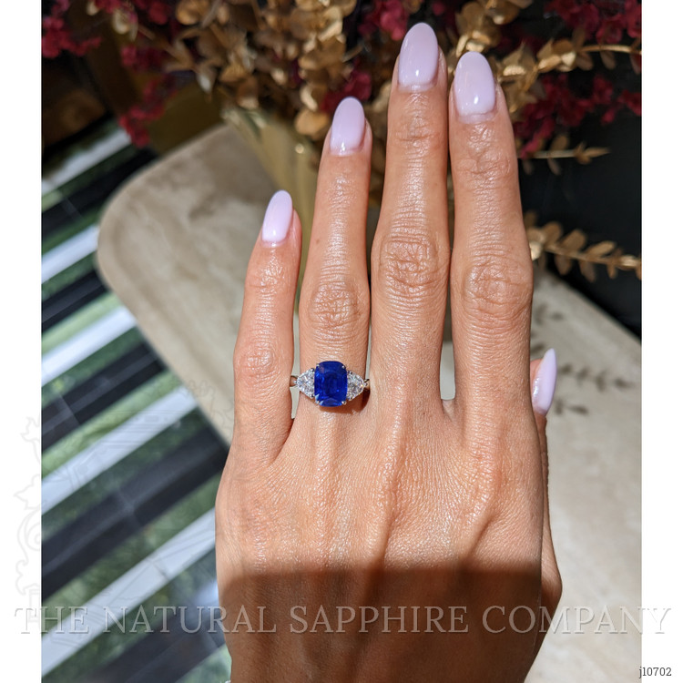 3.34 Ct. Blue Sapphire and Natural Diamond Three Stone Ring, Platinum 950