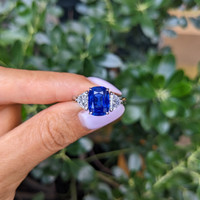 3.34 Ct. Blue Sapphire and Natural Diamond Three Stone Ring, Platinum 950 Life Style