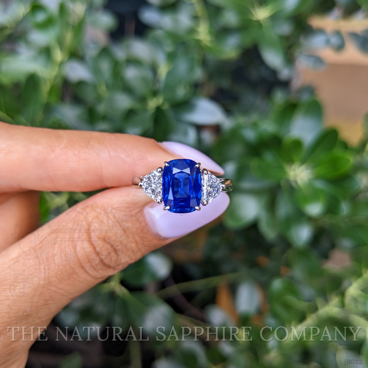 3.34 Ct. Blue Sapphire and Natural Diamond Three Stone Ring, Platinum 950