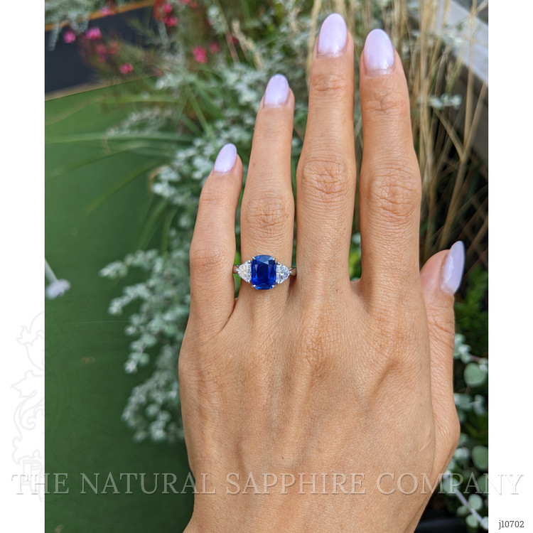 3.34 Ct. Blue Sapphire and Natural Diamond Three Stone Ring, Platinum 950