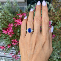 3.34 Ct. Blue Sapphire and Natural Diamond Three Stone Ring, Platinum 950 Life Style