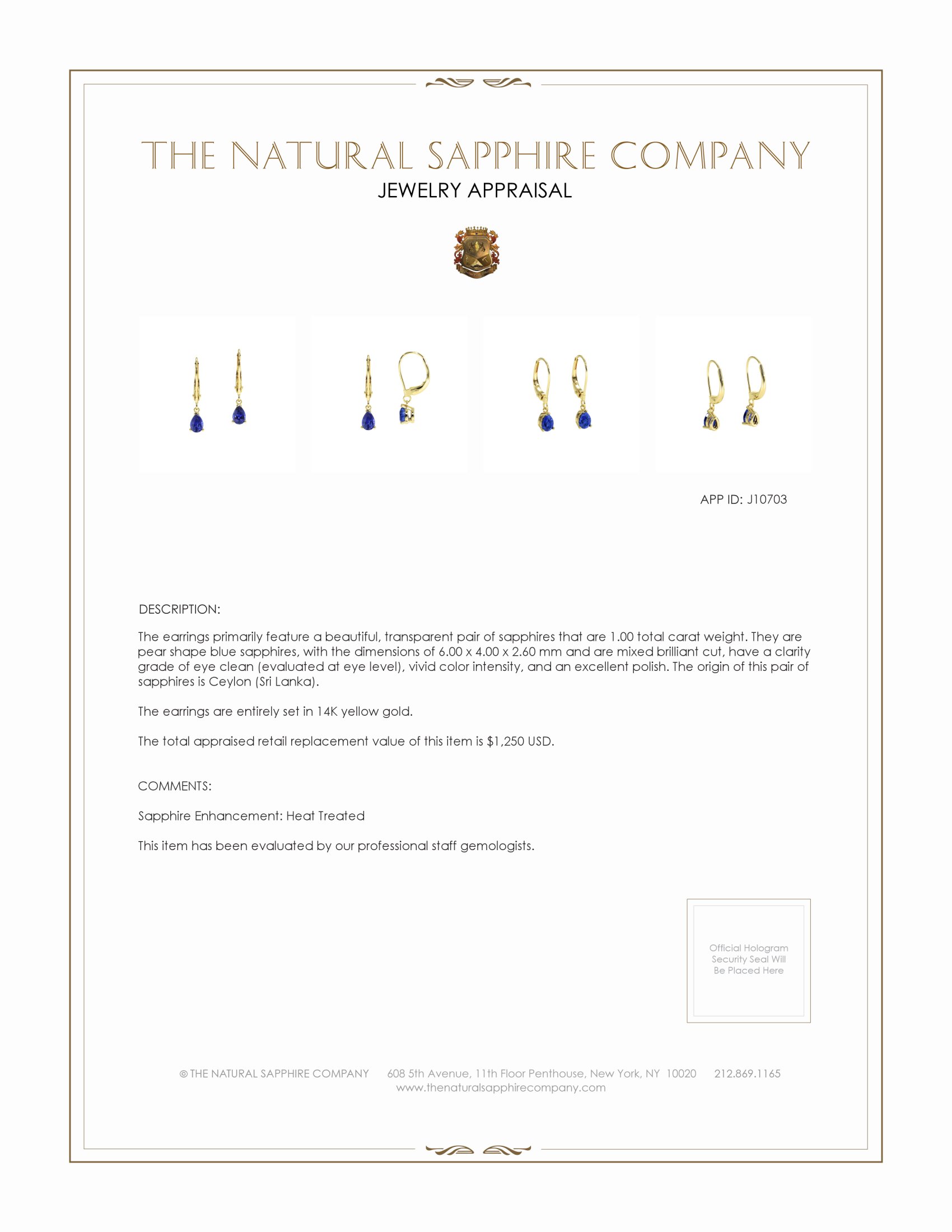 1.00 Ct.Tw. Blue Sapphire Drops Earrings, 14K Yellow Gold