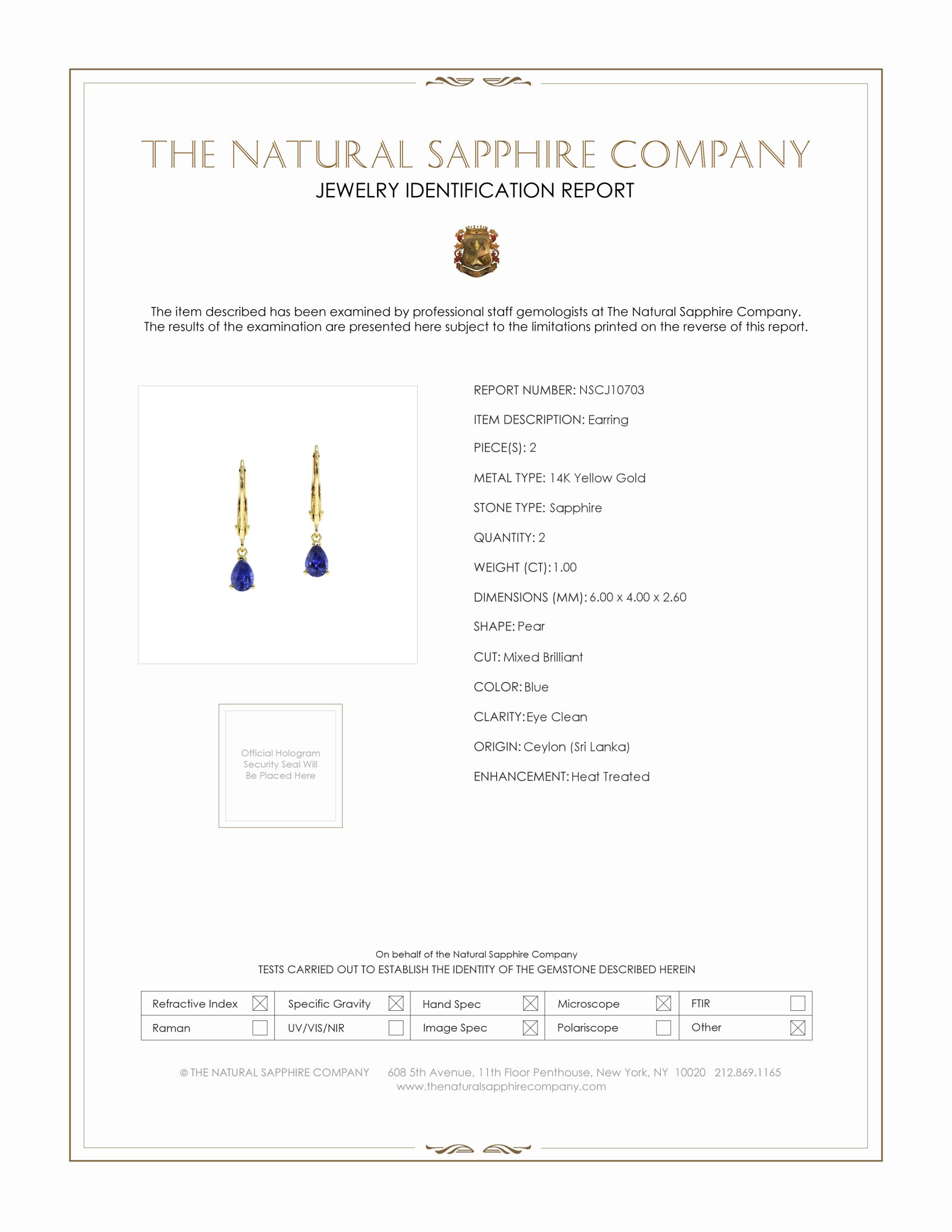 1.00 Ct.Tw. Blue Sapphire Drops Earrings, 14K Yellow Gold