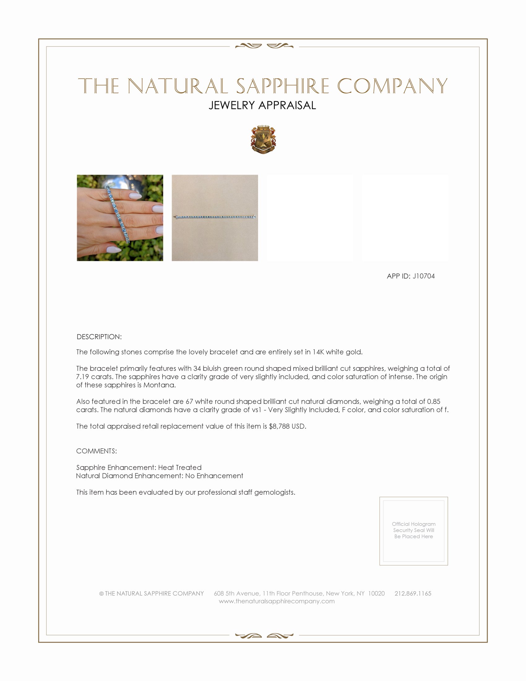 7.19 Ct.Tw. Bluish Green Sapphire and Natural Diamond Tennis/Line Bracelet, 14K White Gold