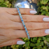 7.19 Ct.Tw. Bluish Green Sapphire and Natural Diamond Tennis/Line Bracelet, 14K White Gold Image
