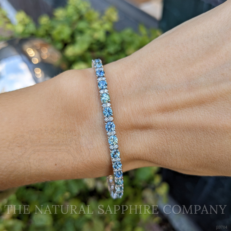 7.19 Ct.Tw. Bluish Green Sapphire and Natural Diamond Tennis/Line Bracelet, 14K White Gold