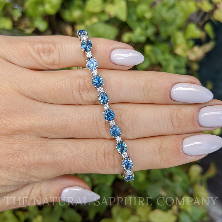 10.89 Ct.Tw. Greenish Blue Sapphire and Natural Diamond Tennis/Line Bracelet, 14K White Gold