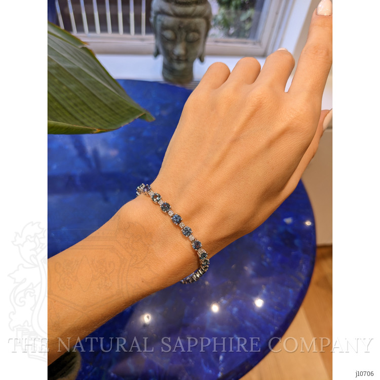 10.89 Ct.Tw. Greenish Blue Sapphire and Natural Diamond Tennis/Line Bracelet, 14K White Gold