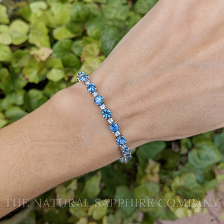 10.89 Ct.Tw. Greenish Blue Sapphire and Natural Diamond Tennis/Line Bracelet, 14K White Gold