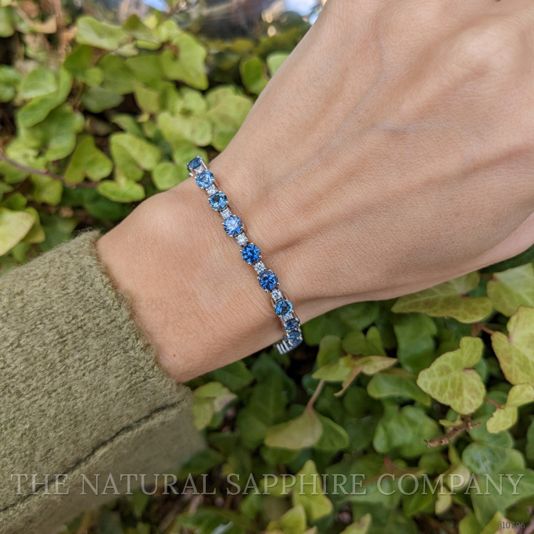 10.89 Ct.Tw. Greenish Blue Sapphire and Natural Diamond Tennis/Line Bracelet, 14K White Gold