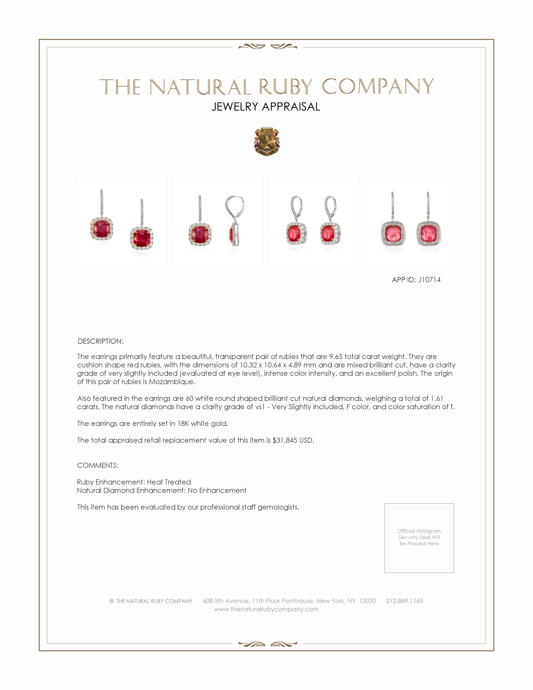 9.65 Ct.Tw. Ruby Natural Diamond Halo Earrings, 18K White Gold