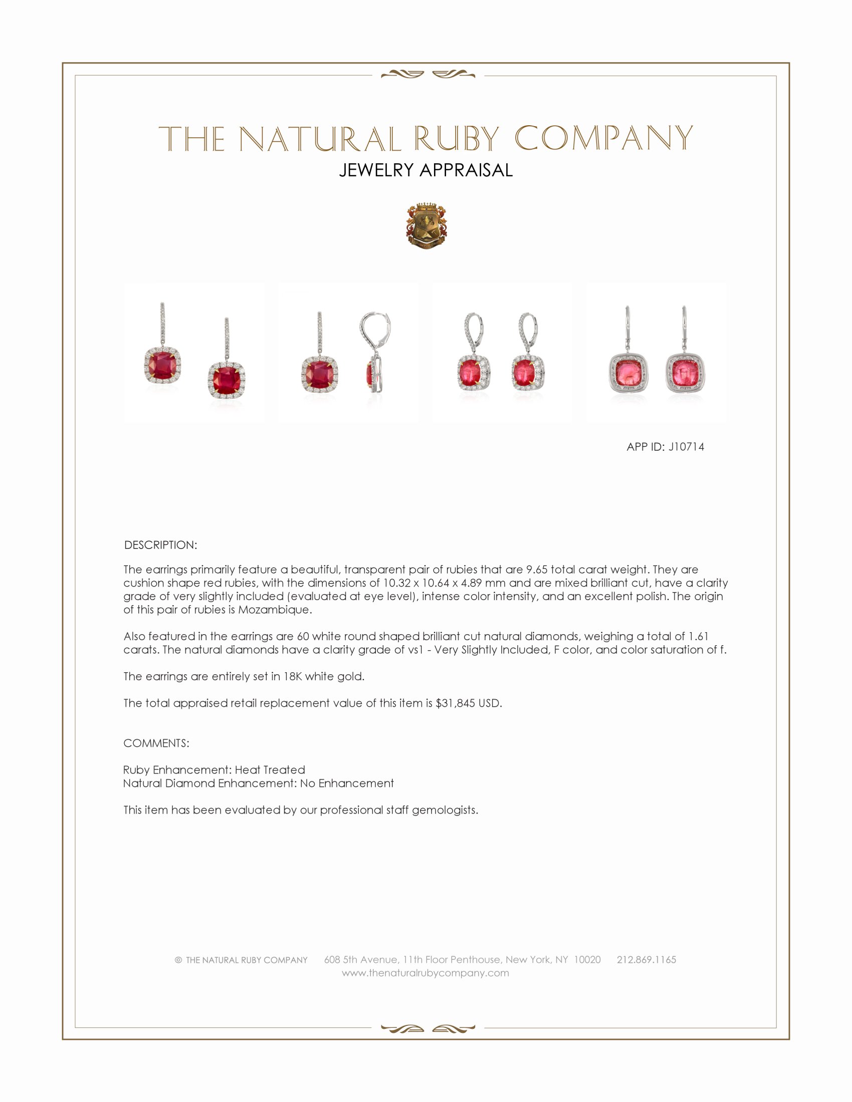 9.65 Ct.Tw. Ruby and Natural Diamond Halo Earrings, 18K White Gold
