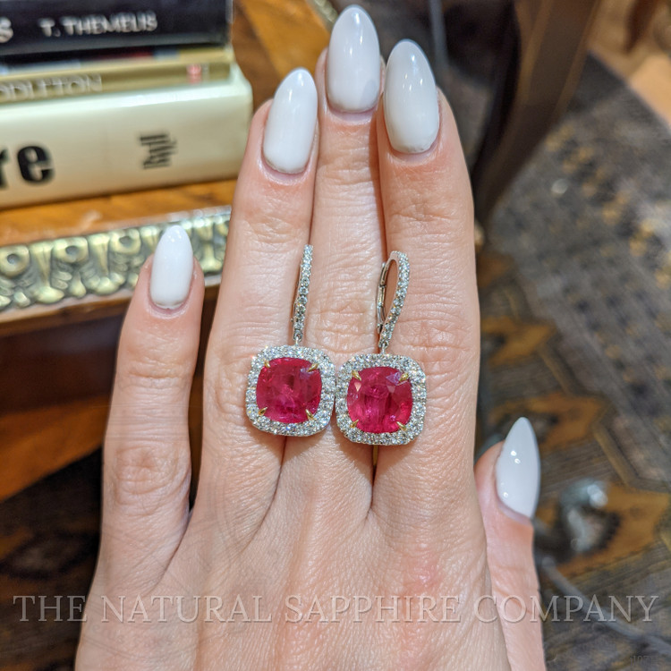 9.65 Ct.Tw. Ruby Natural Diamond Halo Earrings, 18K White Gold